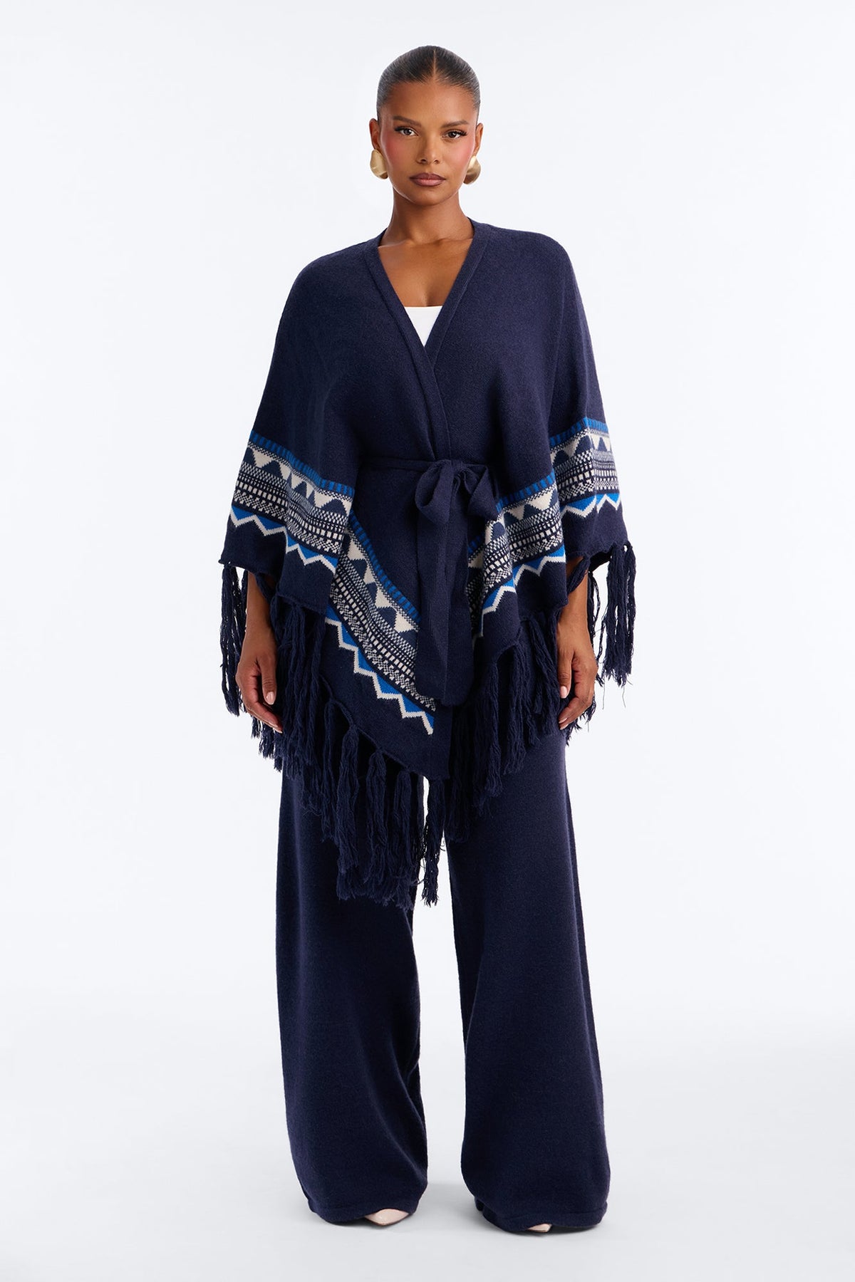 Willow Fringe Poncho Sweater Pant Set - Navy