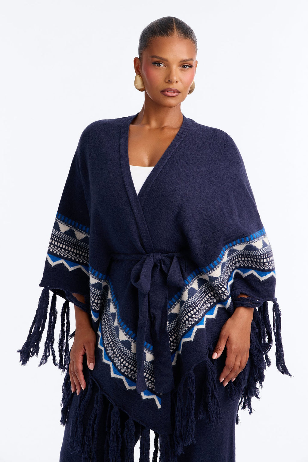 Willow Fringe Poncho Sweater Pant Set - Navy