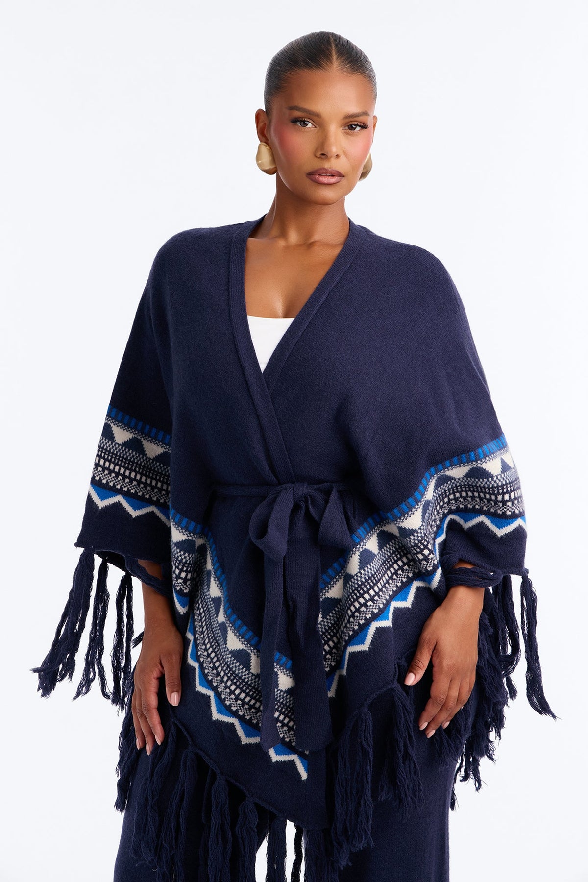 Willow Fringe Poncho Sweater Pant Set - Navy