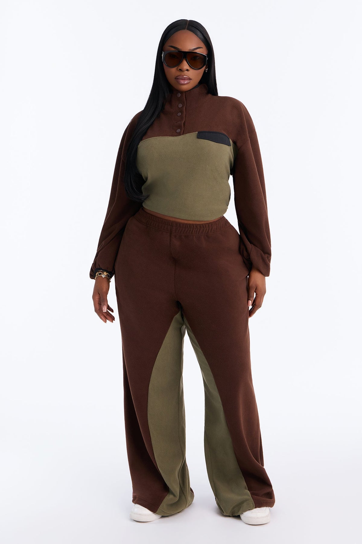 Here For It Color Block Fleece Pant Set - Brown/combo