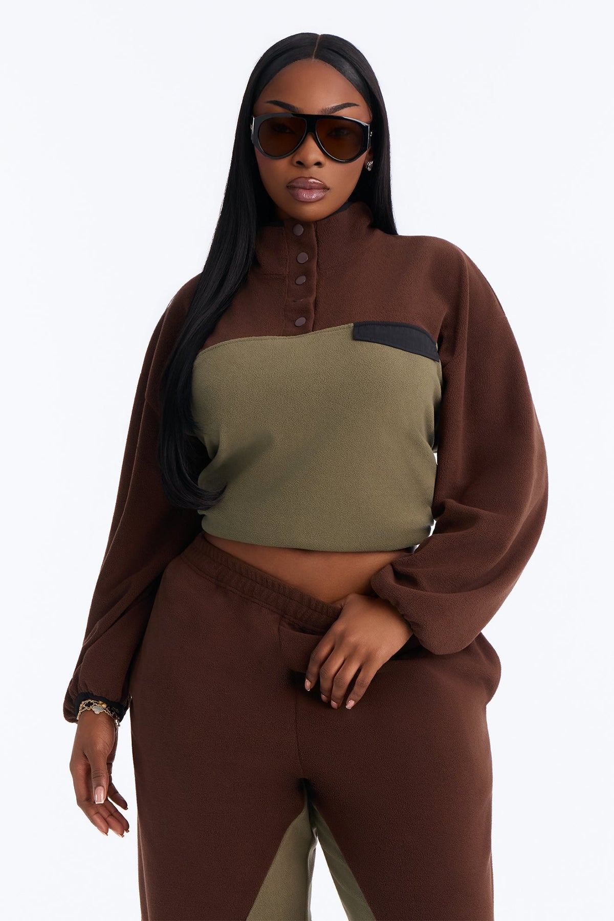 Here For It Color Block Fleece Pant Set - Brown/combo