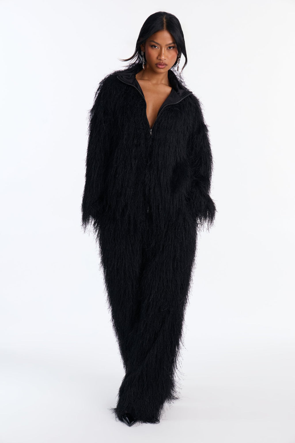 Shaggy Faux Fur Funnel Neck Bomber - Black