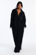 Shaggy Faux Fur Funnel Neck Bomber - Black