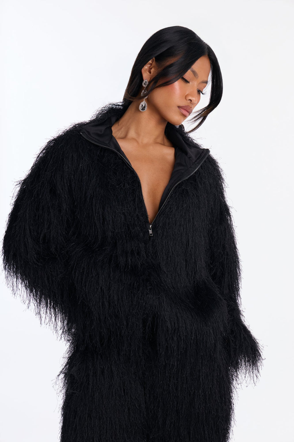 Shaggy Faux Fur Funnel Neck Bomber - Black