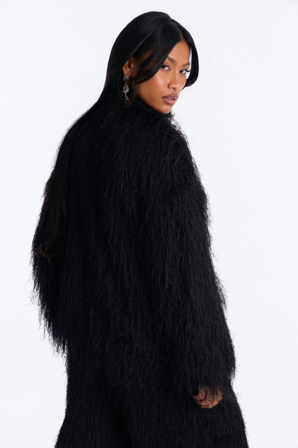 Shaggy Faux Fur Funnel Neck Bomber - Black