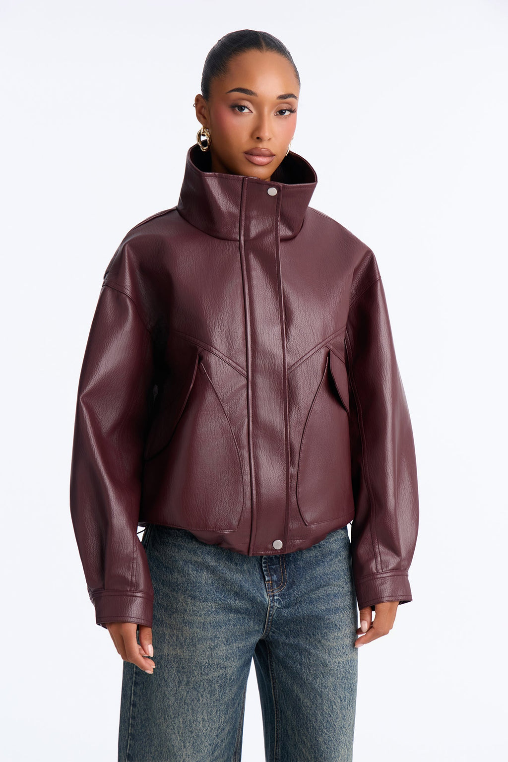 Becca Faux Leather Funnel Neck Bomber - Wine