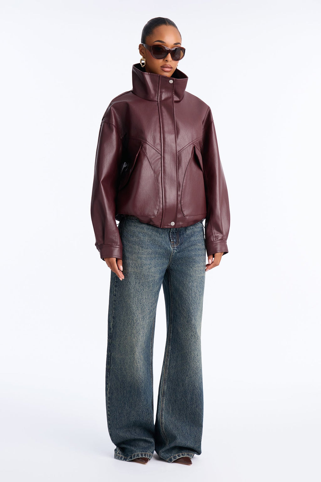 Becca Faux Leather Funnel Neck Bomber - Wine