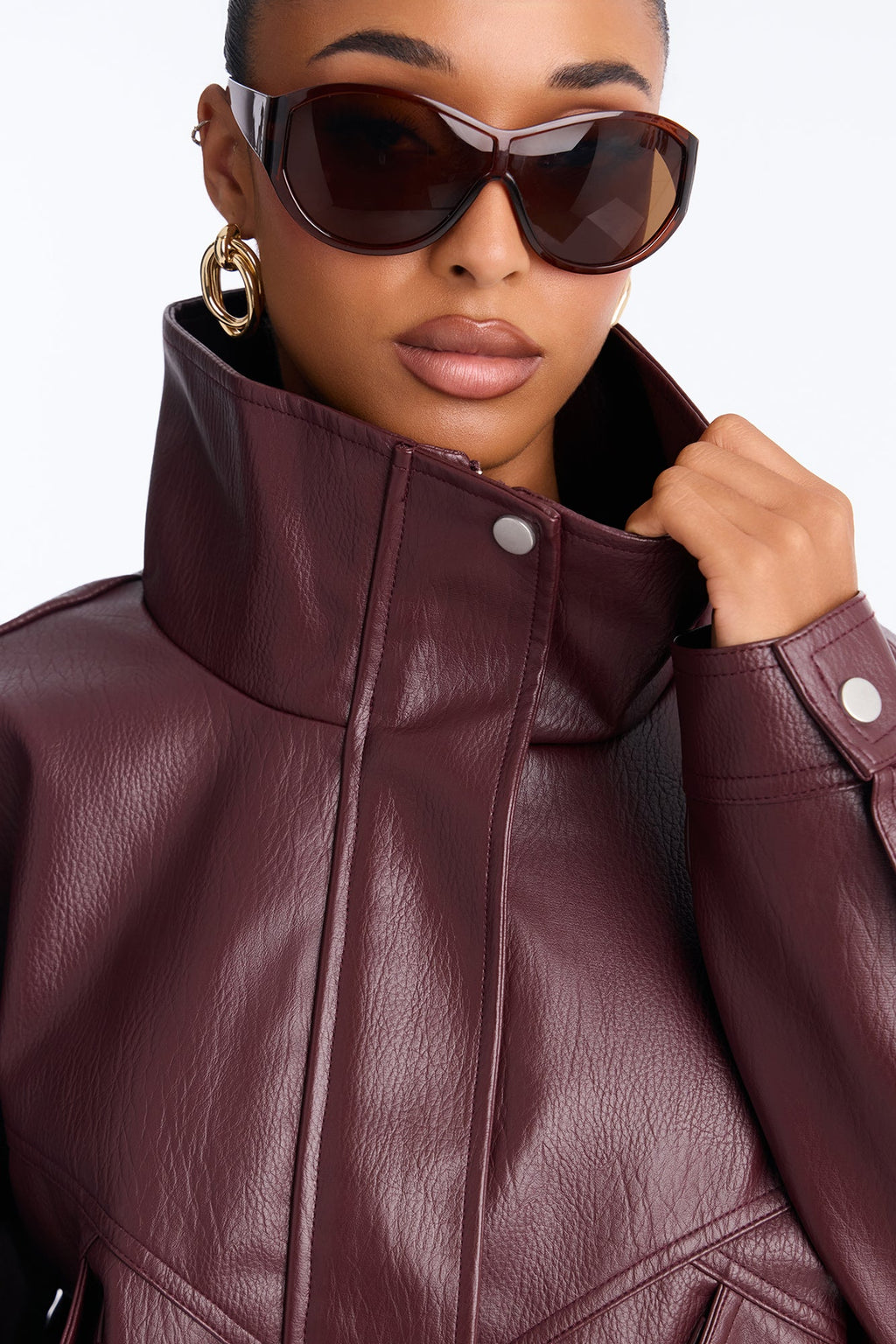 Becca Faux Leather Funnel Neck Bomber - Wine