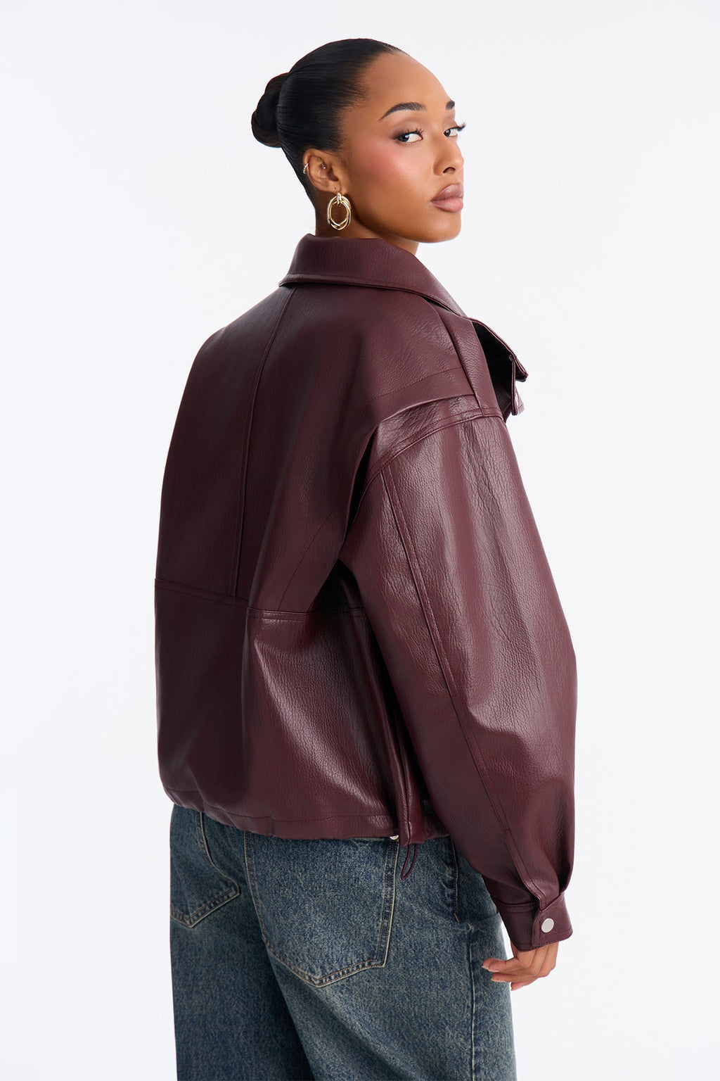 Becca Faux Leather Funnel Neck Bomber - Wine