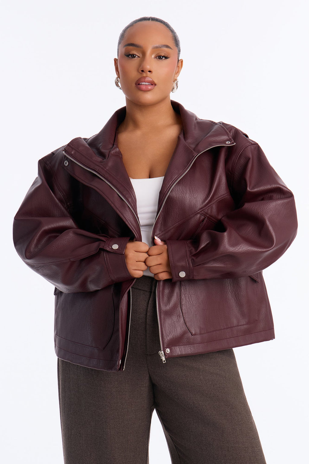 Becca Faux Leather Funnel Neck Bomber - Wine