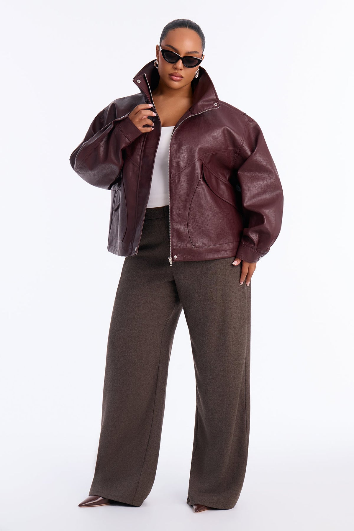 Becca Faux Leather Funnel Neck Bomber - Wine