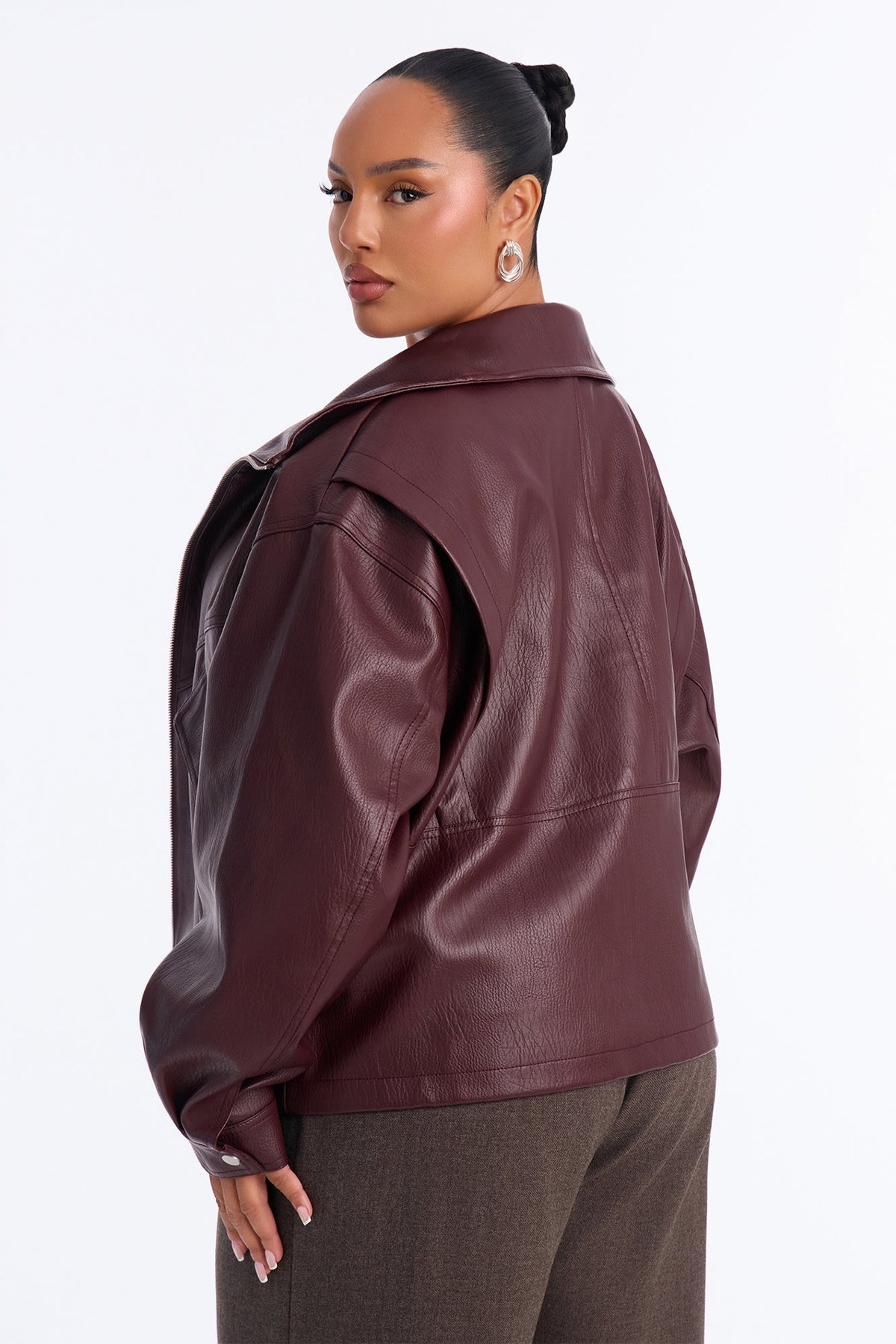 Becca Faux Leather Funnel Neck Bomber - Wine