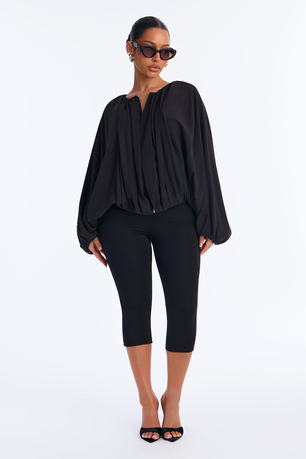 Evelyn Balloon Drape Crepe Woven Jacket - Black
