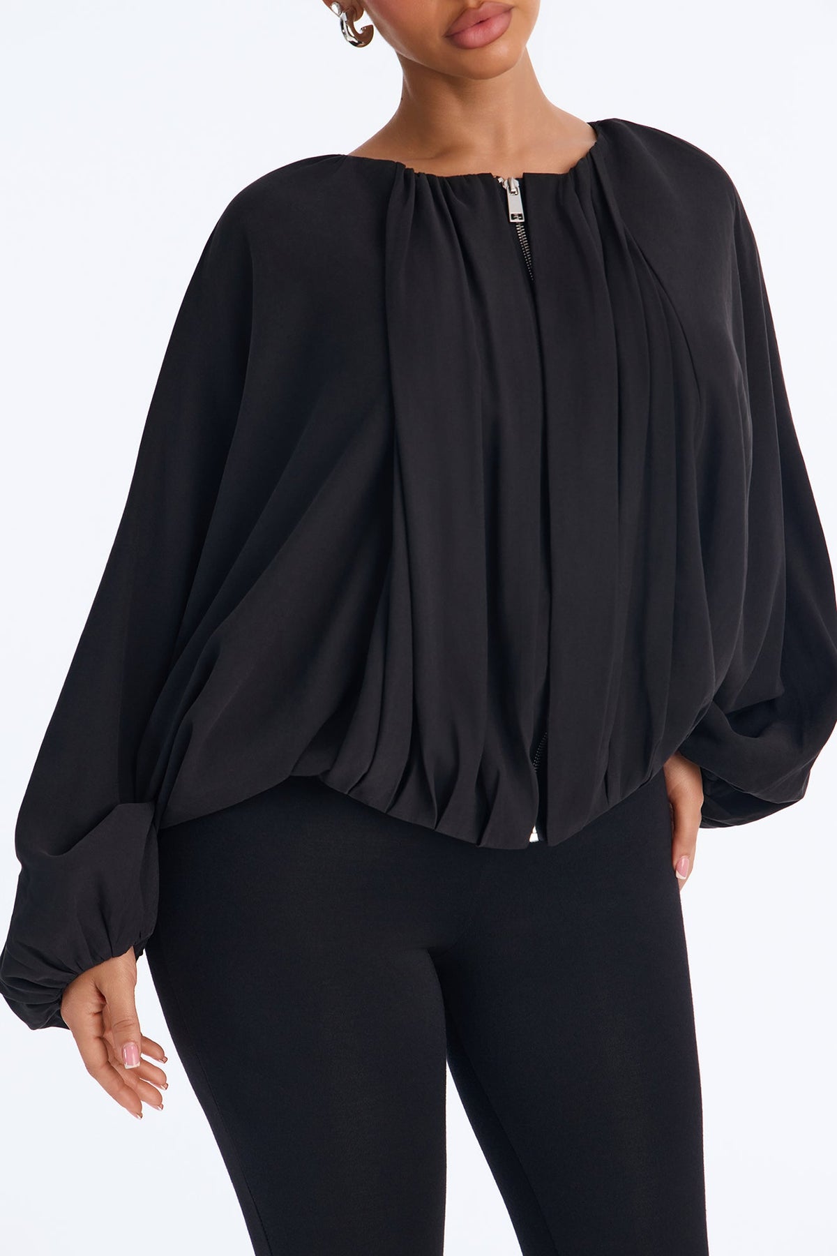 Evelyn Balloon Drape Crepe Woven Jacket - Black