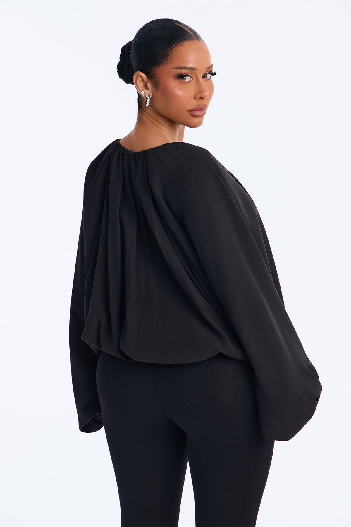 Evelyn Balloon Drape Crepe Woven Jacket - Black