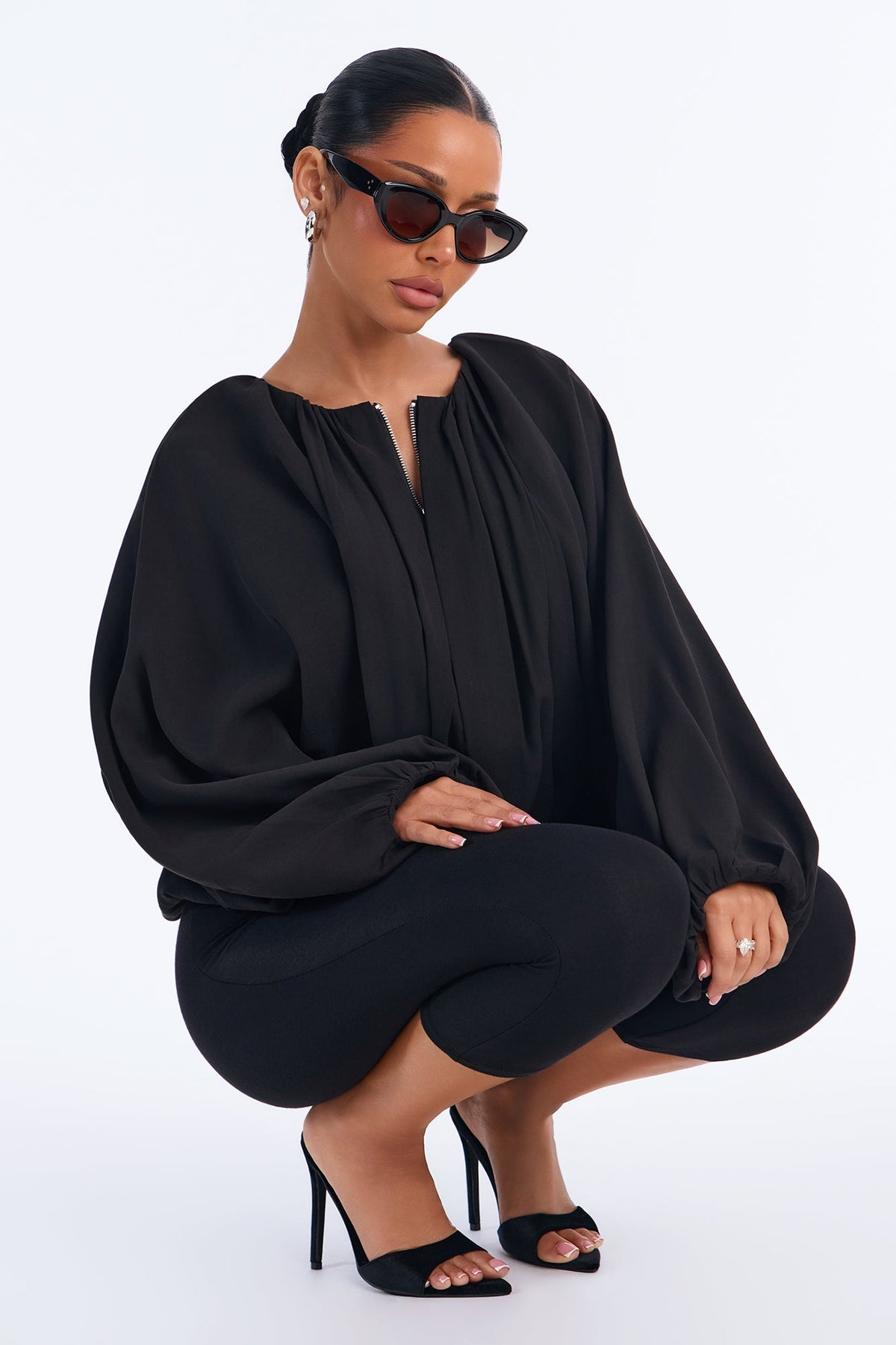 Evelyn Balloon Drape Crepe Woven Jacket - Black