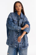 Take Over Premium Boyfriend Fit Denim Trucker Jacket - Medium Wash