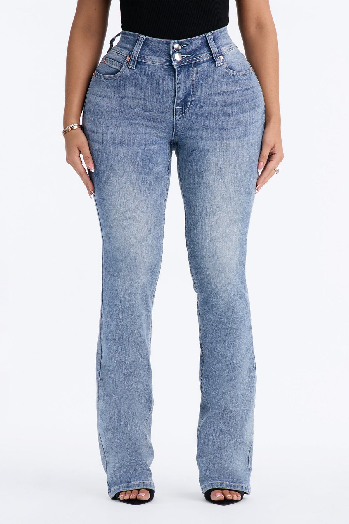 Tall Might Go Double Button Stretch Bootcut Jeans - Medium Wash