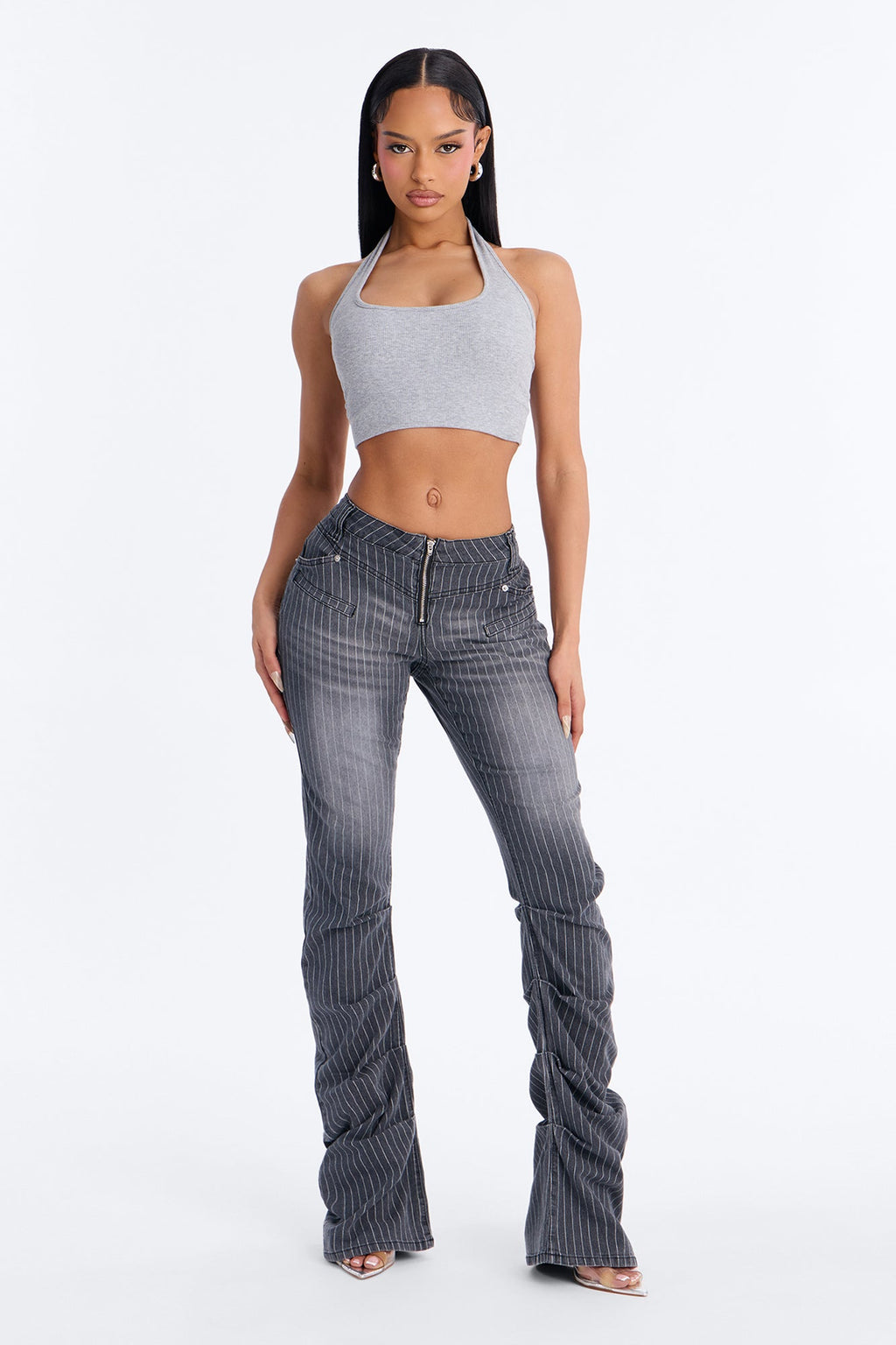 Speakeasy Striped Stacked Low Rise Flare Jeans - Grey