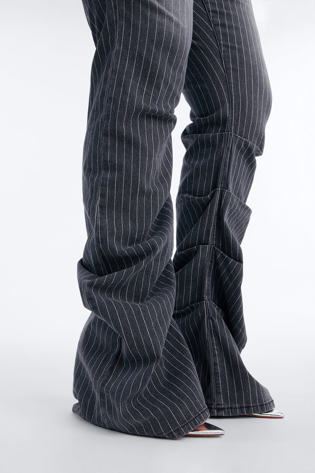 Speakeasy Striped Stacked Low Rise Flare Jeans - Grey