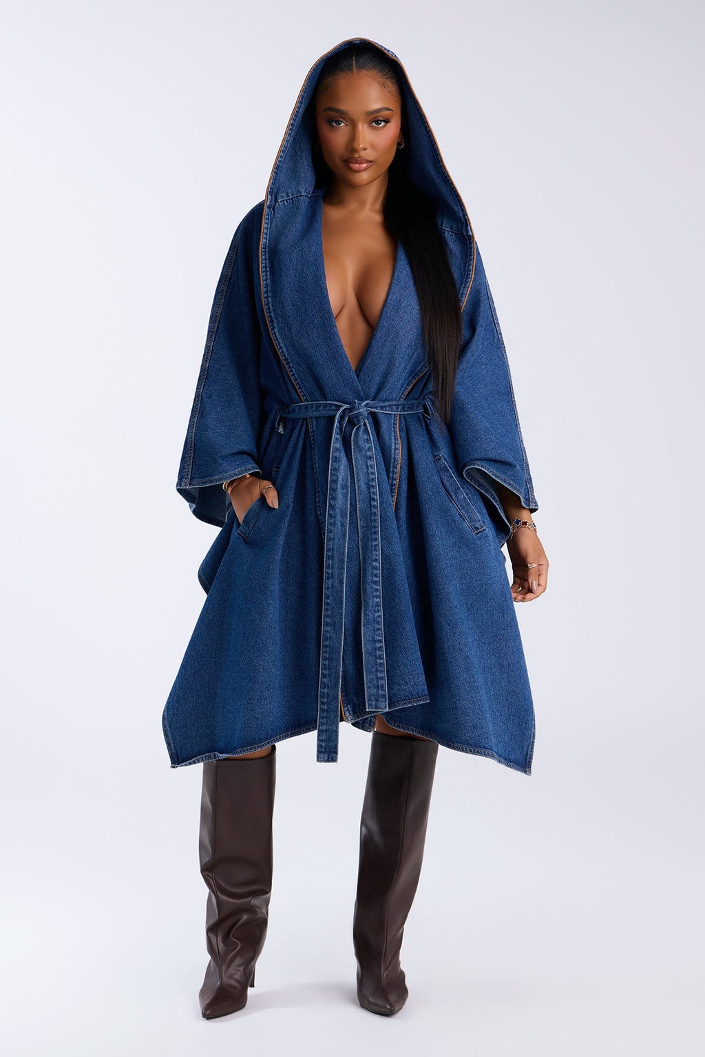 Cambridge Cape Belted Hooded Denim Jacket - Medium Wash