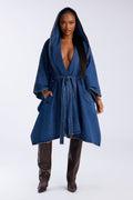 Cambridge Cape Belted Hooded Denim Jacket - Medium Wash