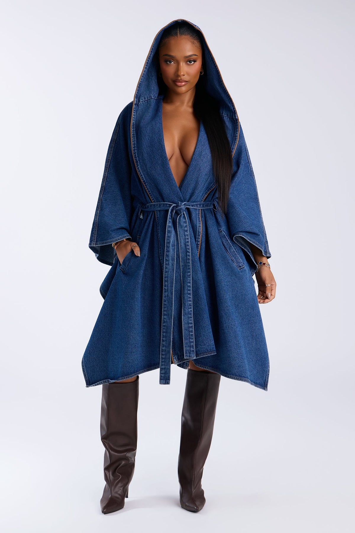Cambridge Cape Belted Hooded Denim Jacket - Medium Wash