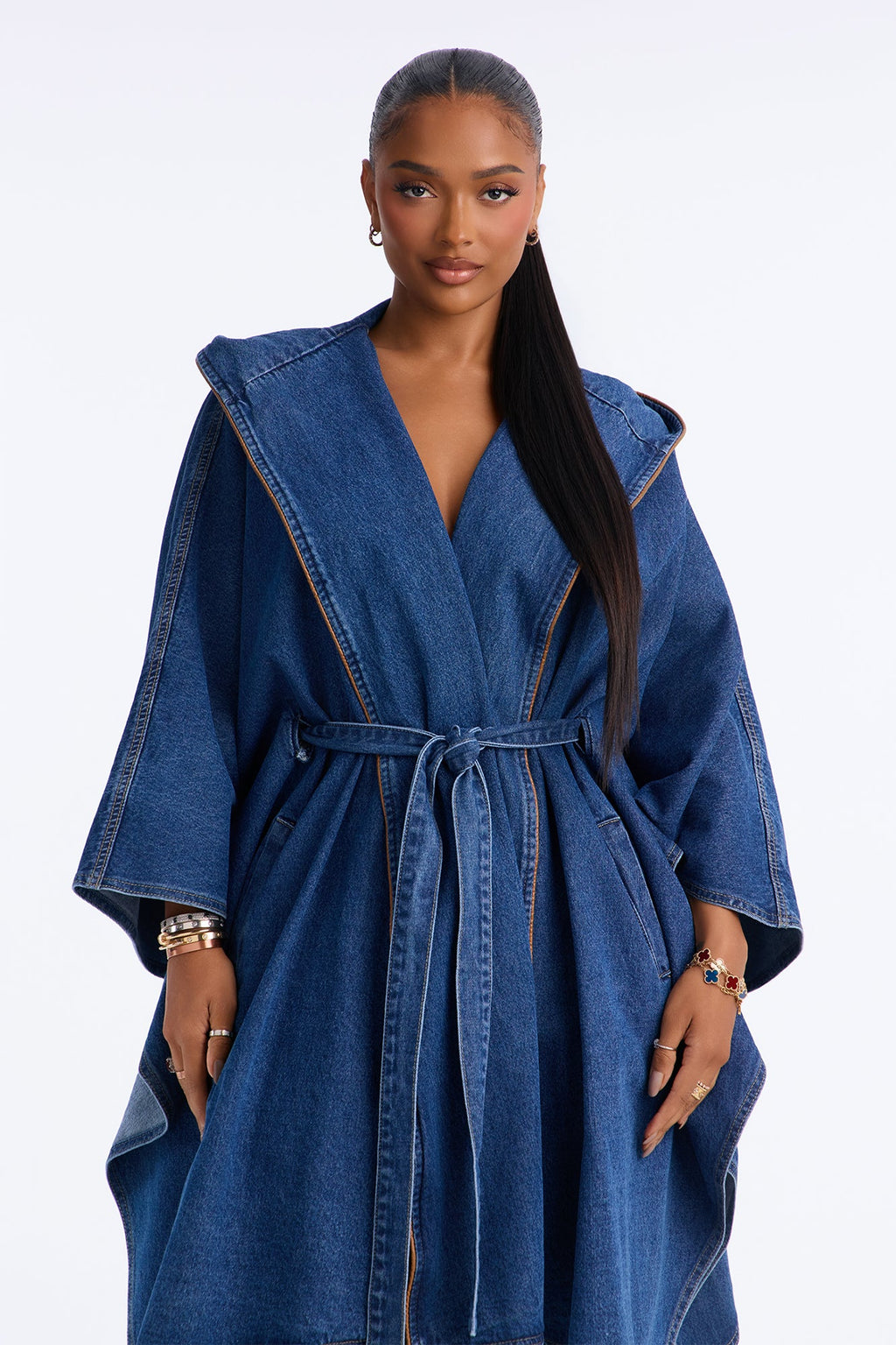 Cambridge Cape Belted Hooded Denim Jacket - Medium Wash
