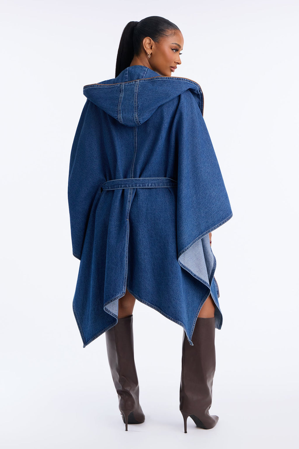 Cambridge Cape Belted Hooded Denim Jacket - Medium Wash