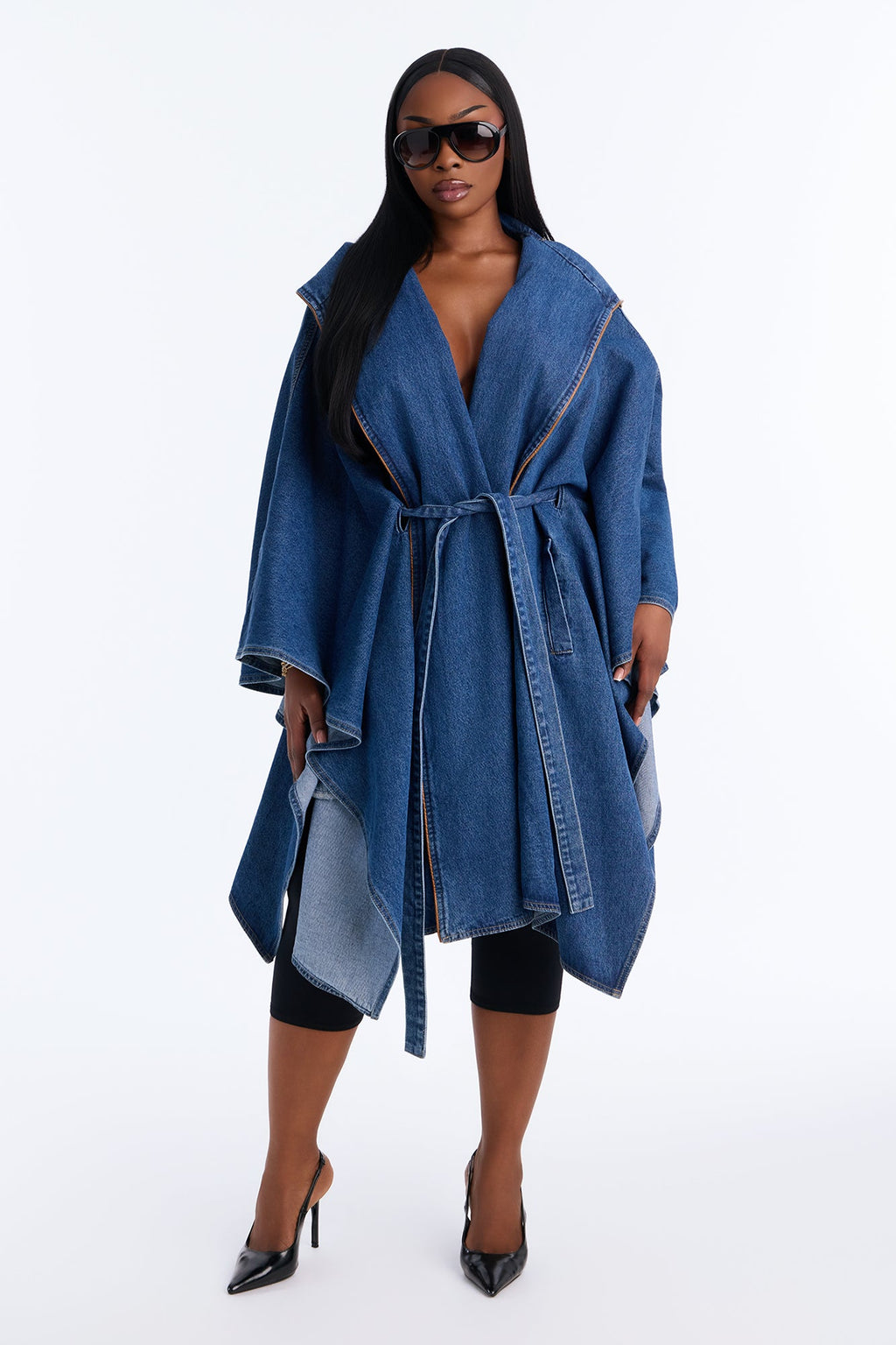 Cambridge Cape Belted Hooded Denim Jacket - Medium Wash
