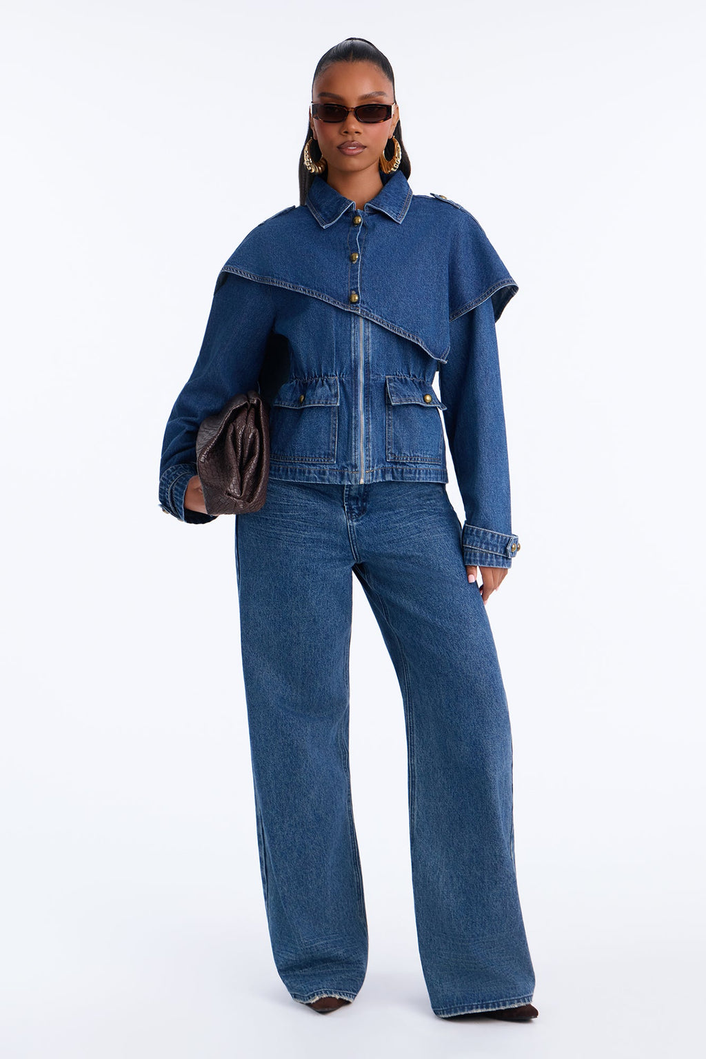 I See London Cinch Waist Capelet Denim Jacket - Medium Wash