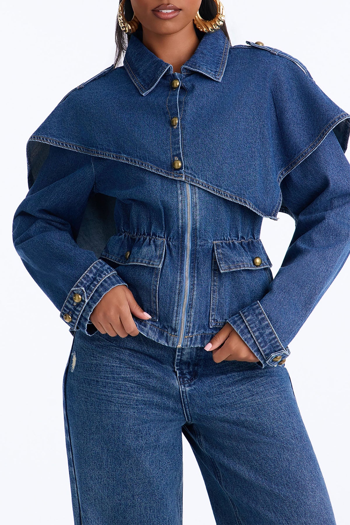I See London Cinch Waist Capelet Denim Jacket - Medium Wash