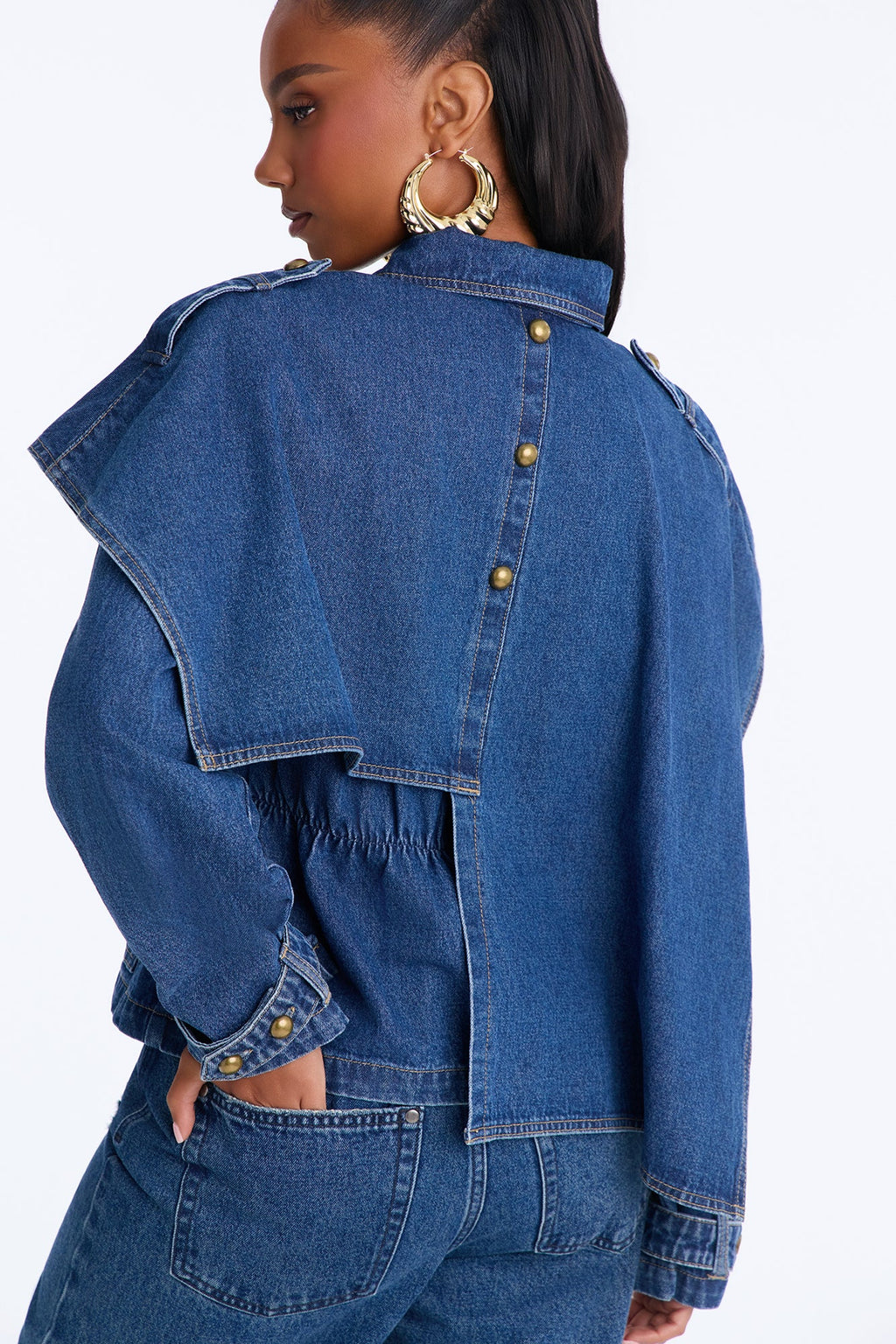 I See London Cinch Waist Capelet Denim Jacket - Medium Wash