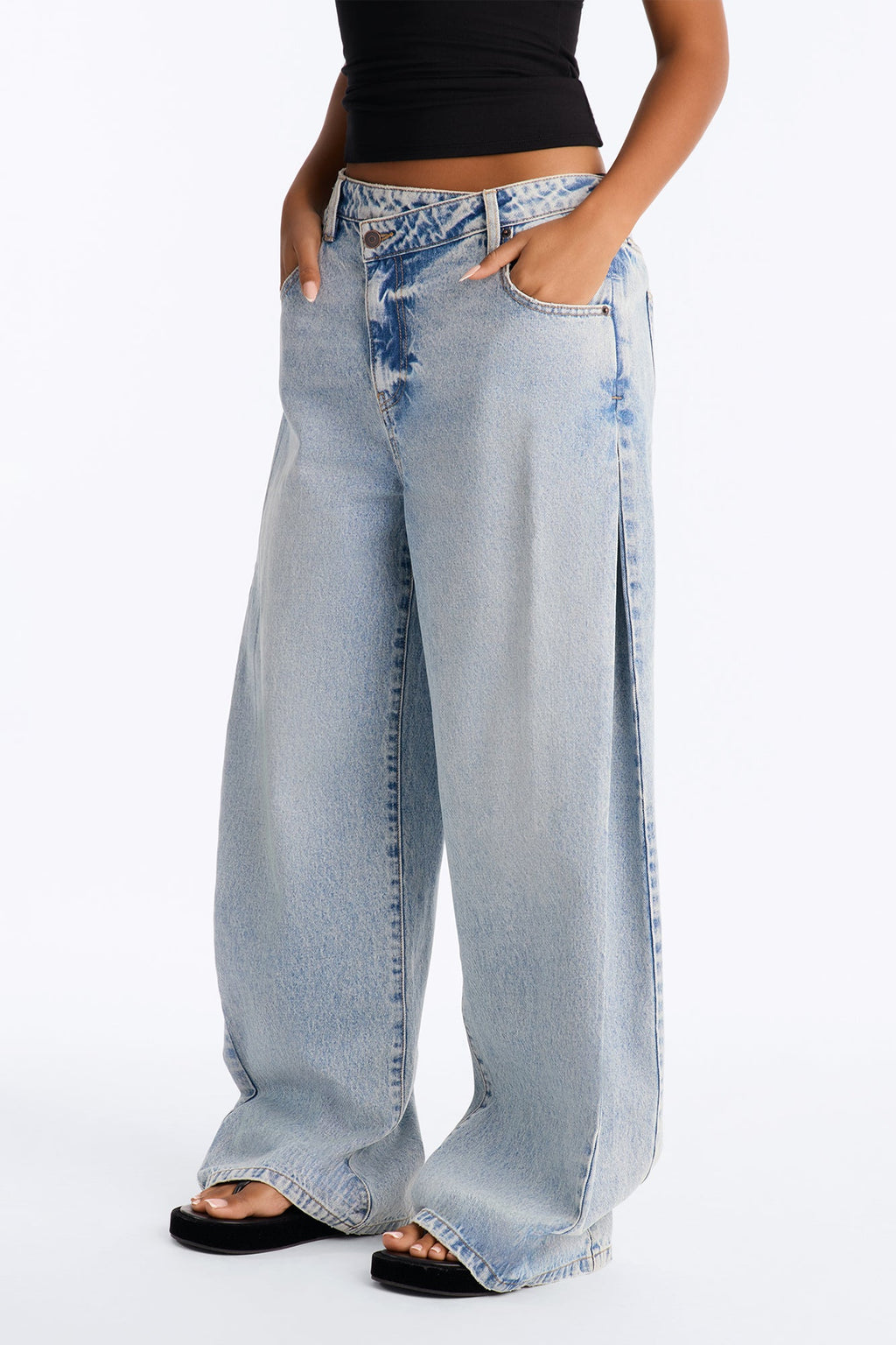 Super Exclusive Side Pleat Crossover Waistband Wide Leg Jeans - Light Wash