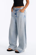 Super Exclusive Side Pleat Crossover Waistband Wide Leg Jeans - Light Wash