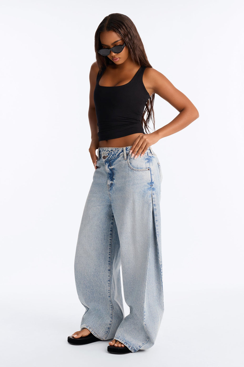 Super Exclusive Side Pleat Crossover Waistband Wide Leg Jeans - Light Wash
