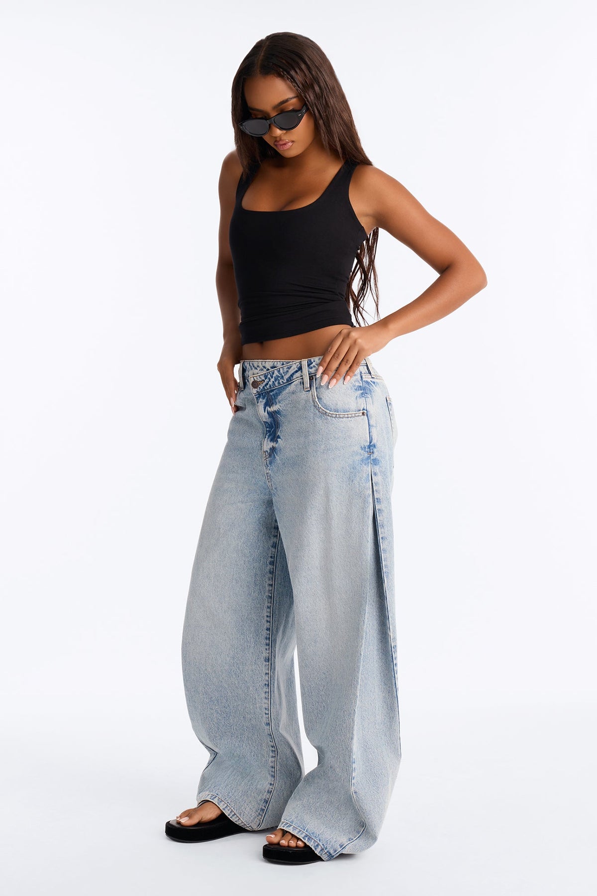 Super Exclusive Side Pleat Crossover Waistband Wide Leg Jeans - Light Wash