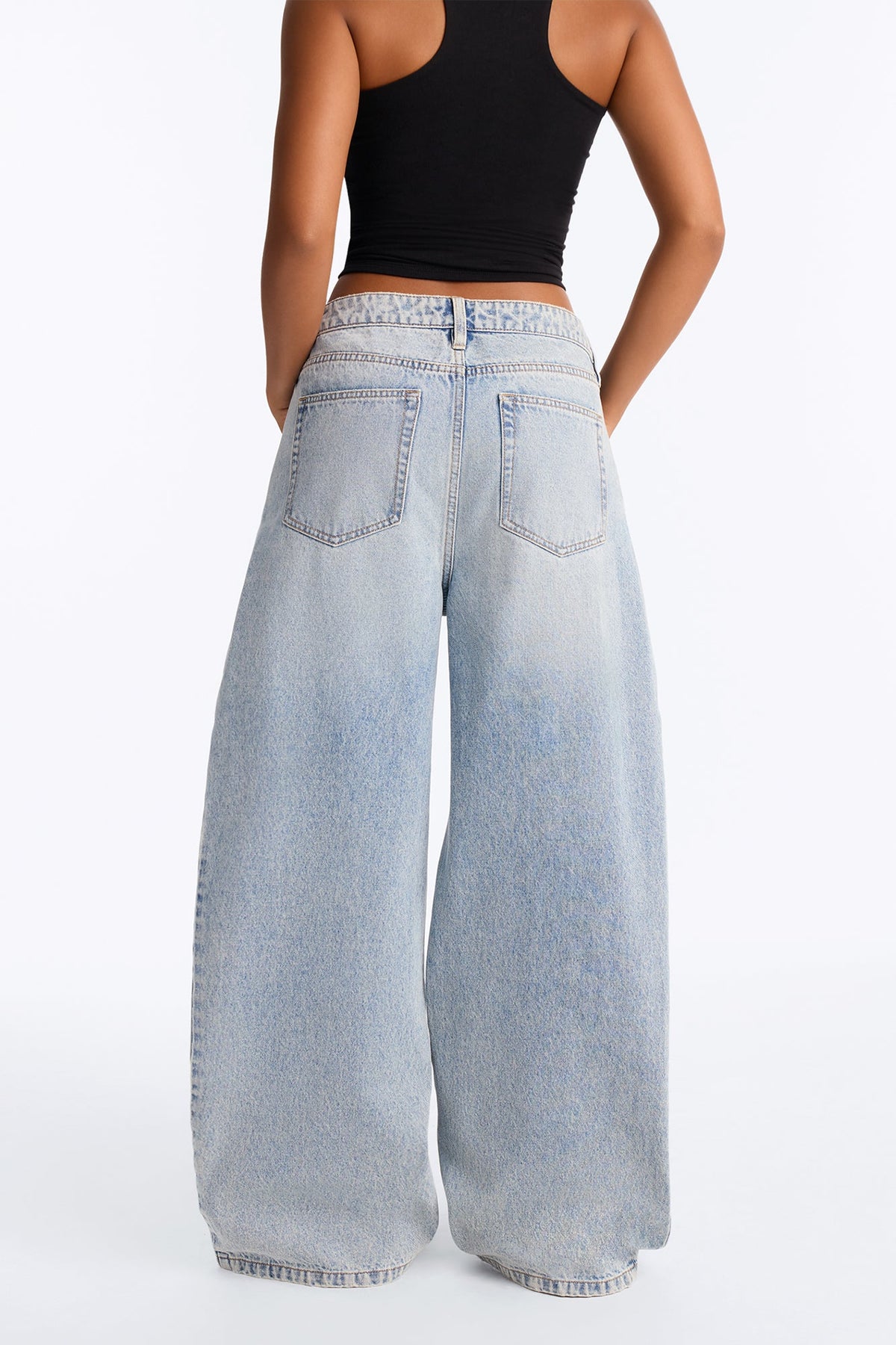 Super Exclusive Side Pleat Crossover Waistband Wide Leg Jeans - Light Wash