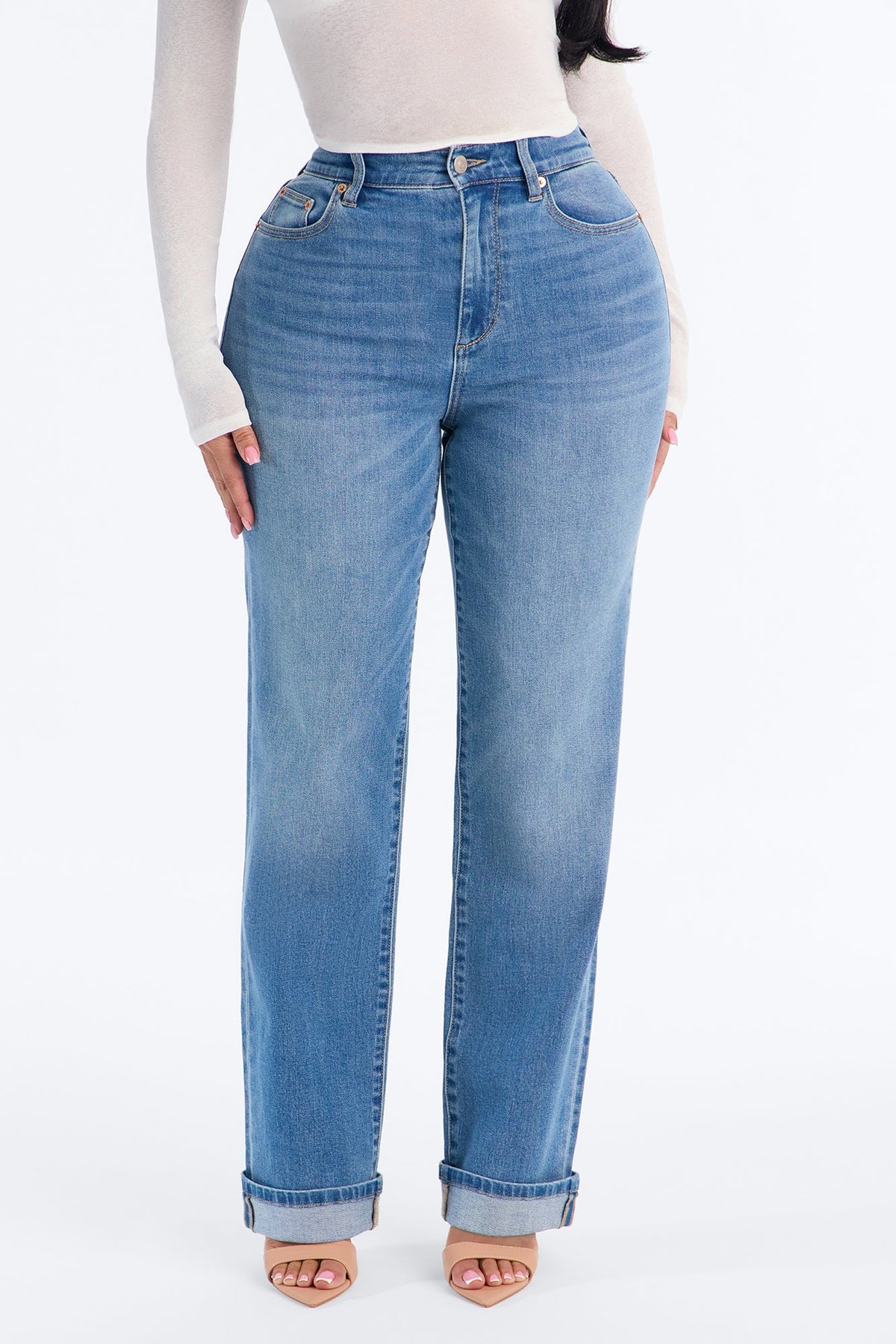NY Classic Soft Stretch High Rise Cuff Straight Leg Jeans - Medium Wash
