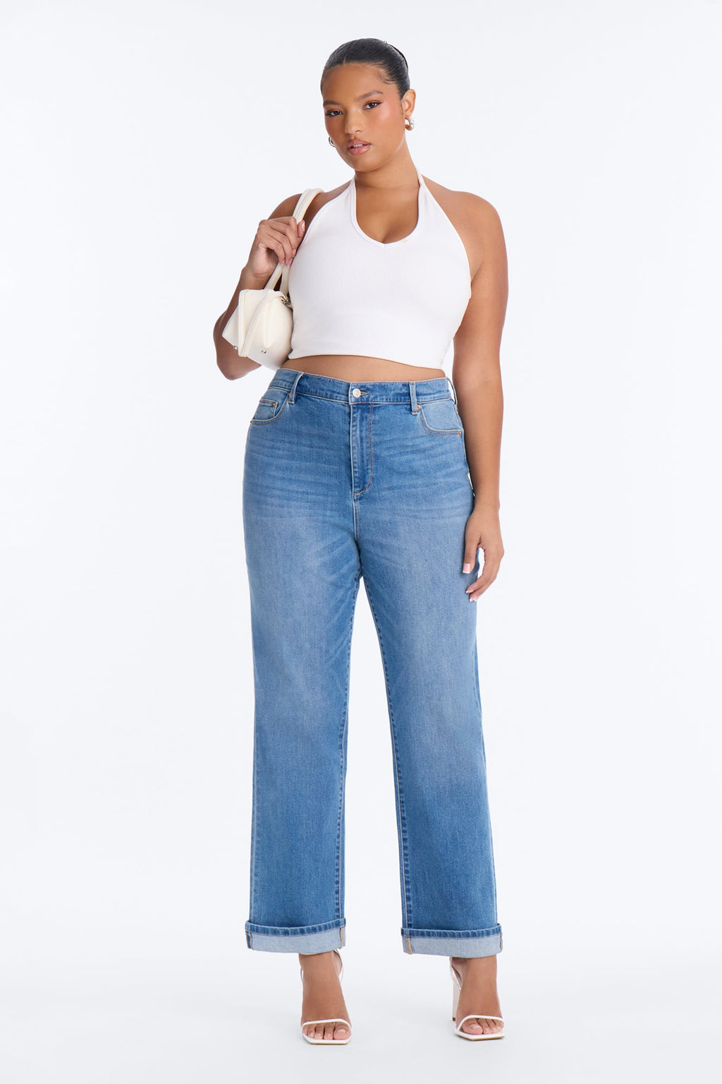 NY Classic Soft Stretch High Rise Cuff Straight Leg Jeans - Medium Wash