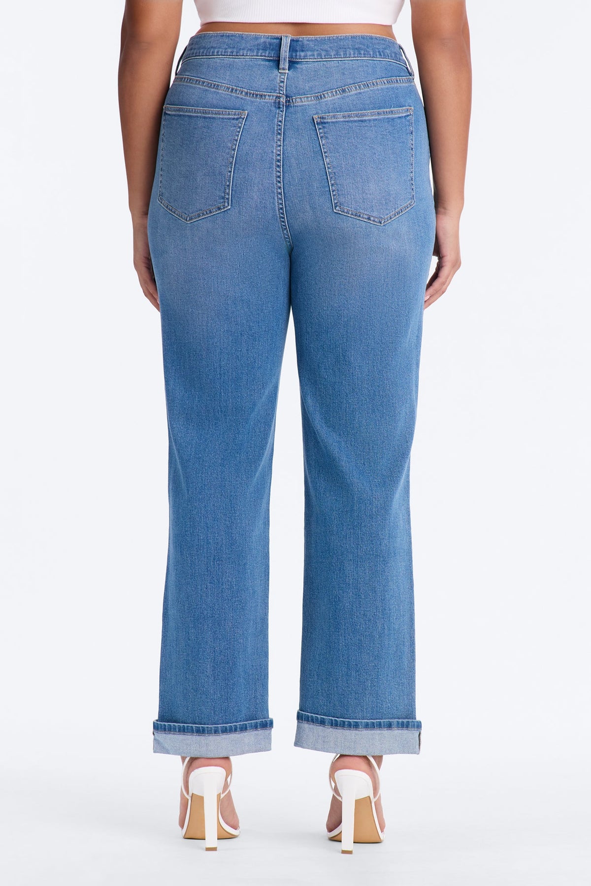 NY Classic Soft Stretch High Rise Cuff Straight Leg Jeans - Medium Wash
