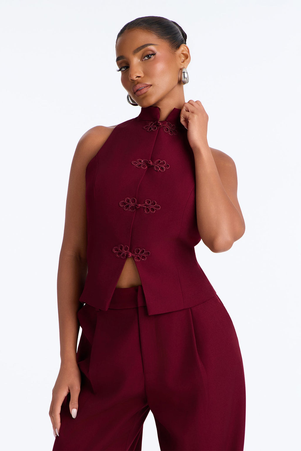 Cleo Frog Clasp Pant Set - Burgundy