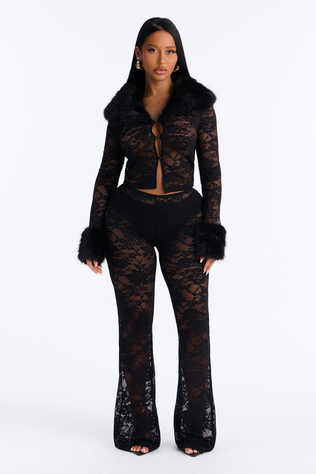 So Fetch Lace Fur Trim 3 Piece Pant Set - Black