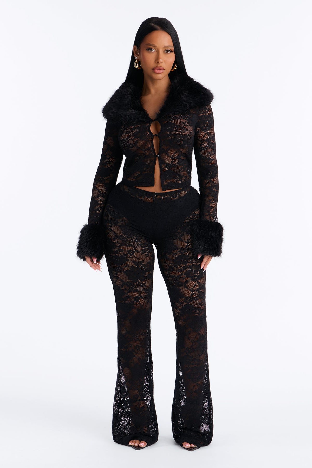 So Fetch Lace Fur Trim 3 Piece Pant Set - Black