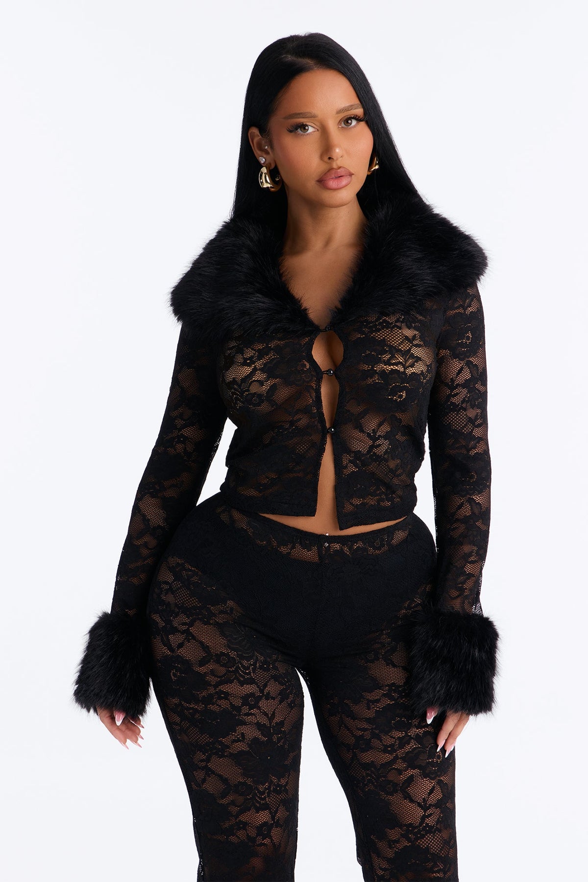 So Fetch Lace Fur Trim 3 Piece Pant Set - Black