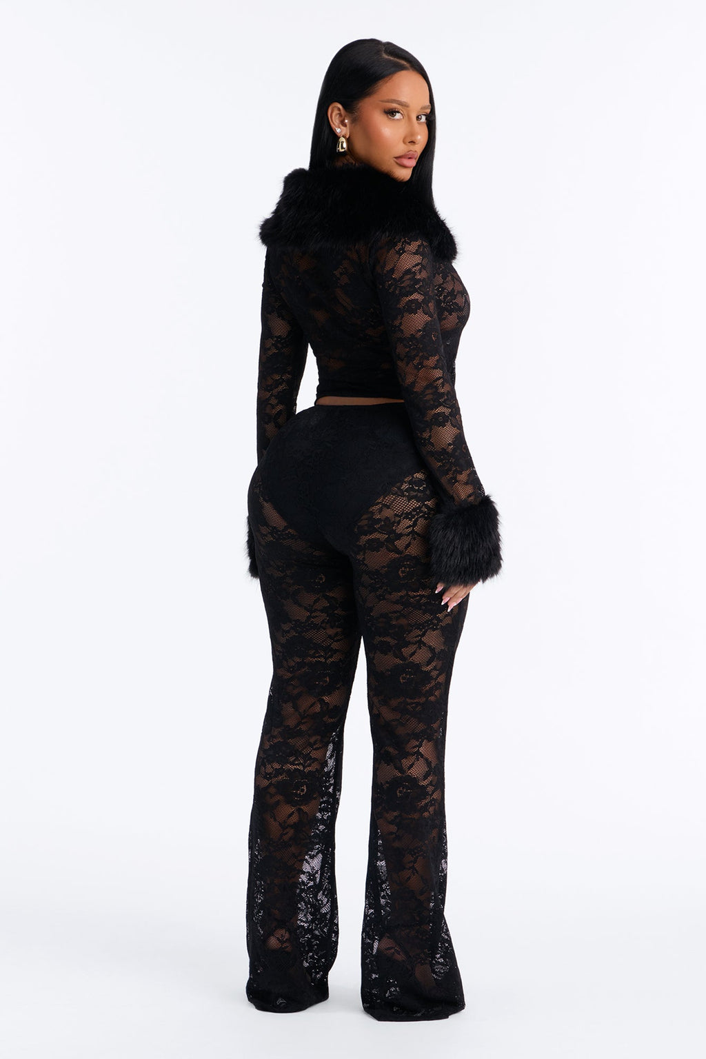 So Fetch Lace Fur Trim 3 Piece Pant Set - Black