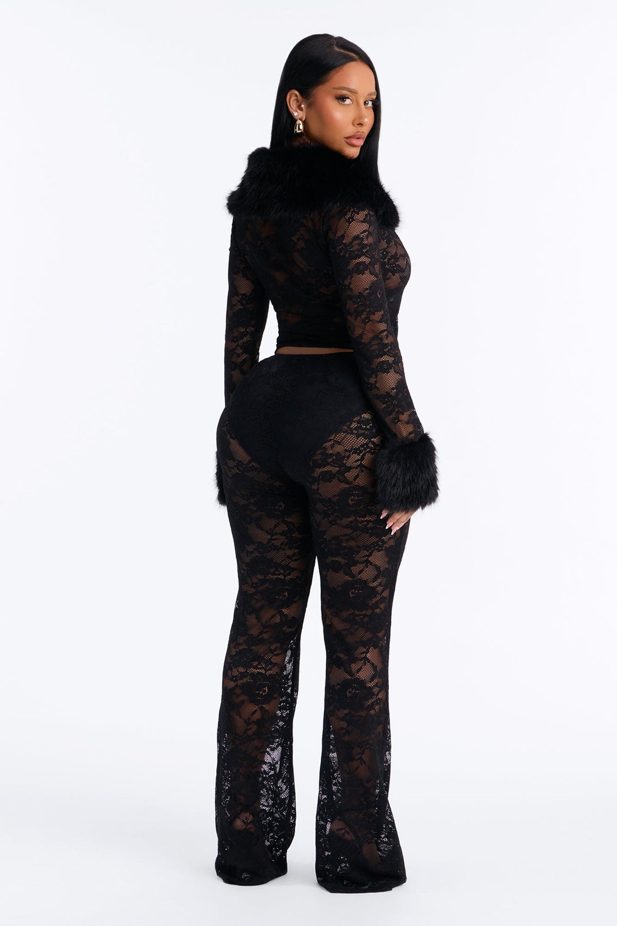 So Fetch Lace Fur Trim 3 Piece Pant Set - Black