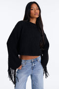 Wild Breeze Fringe Pullover Sweater - Black