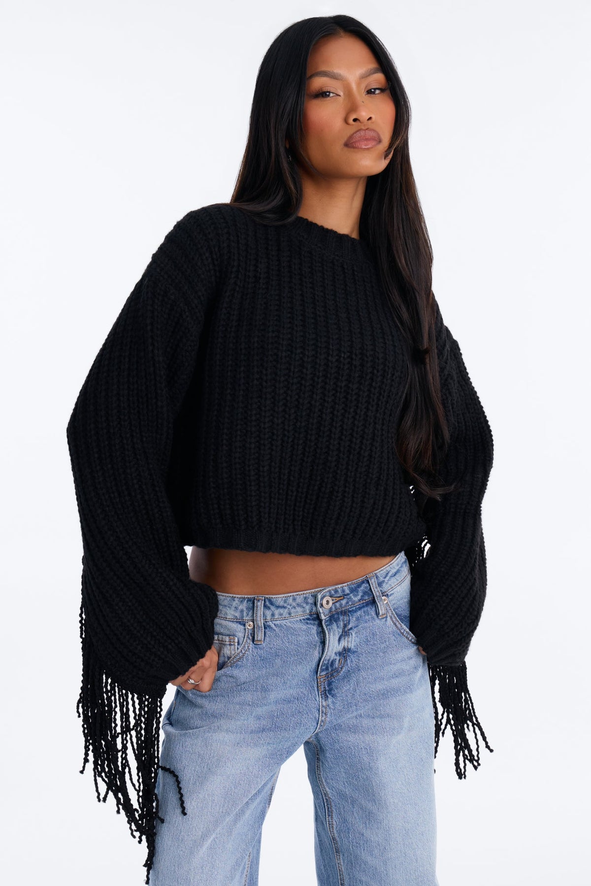 Wild Breeze Fringe Pullover Sweater - Black