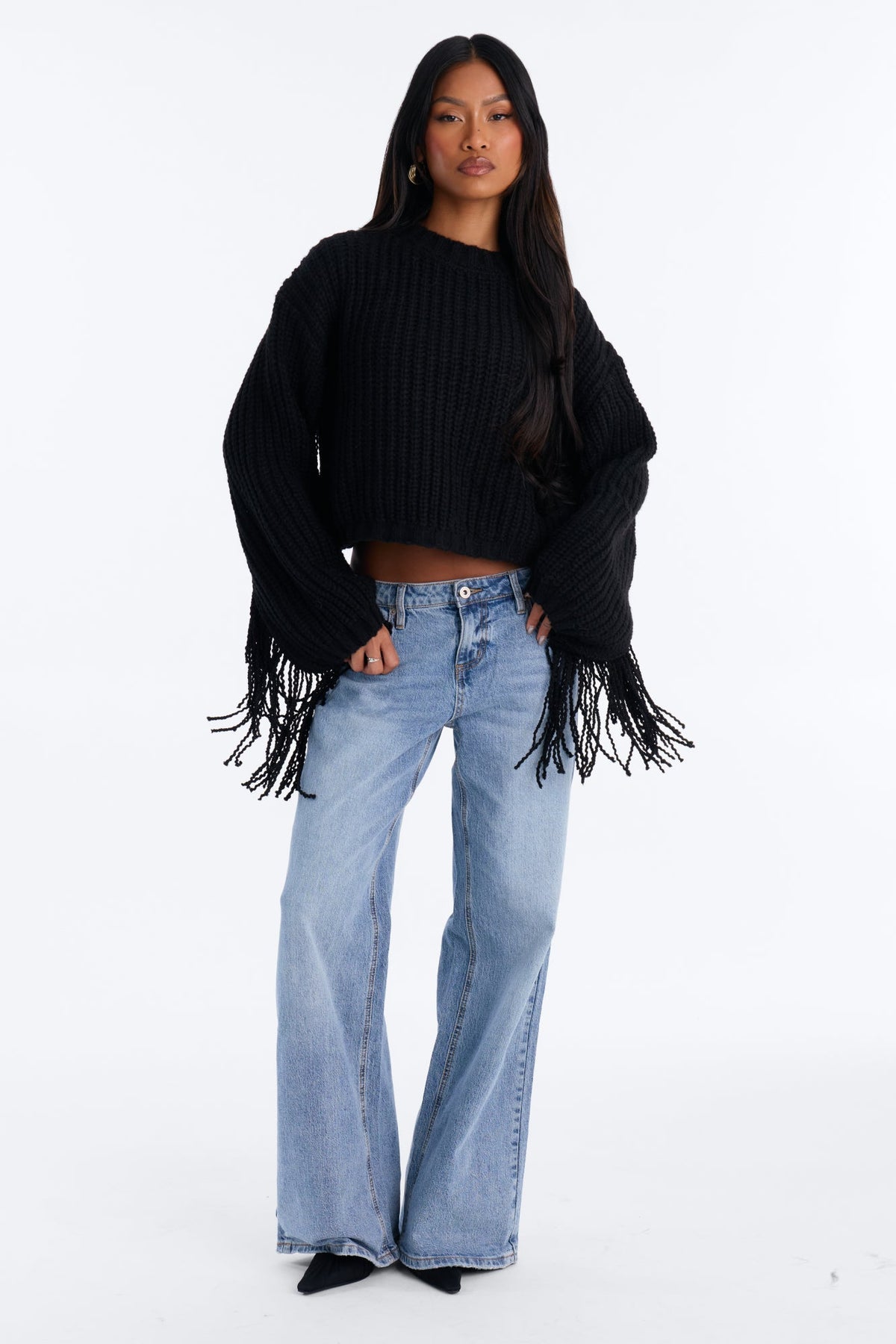 Wild Breeze Fringe Pullover Sweater - Black